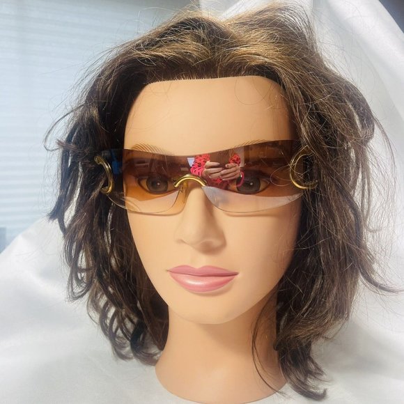 Vintage Damaged Unmarked Rare Sunglasses Gold Tone And Brown Tint Shield Lens - Picture 12 of 16